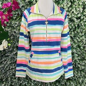 Lilly Pulitzer Skipper Popover Cats Meow Neon Stripe Half Zip Jacket